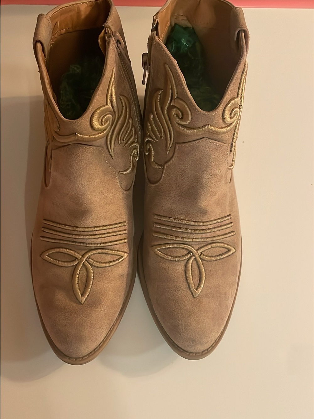 Cupid Tan Embroidered Ankle Booties